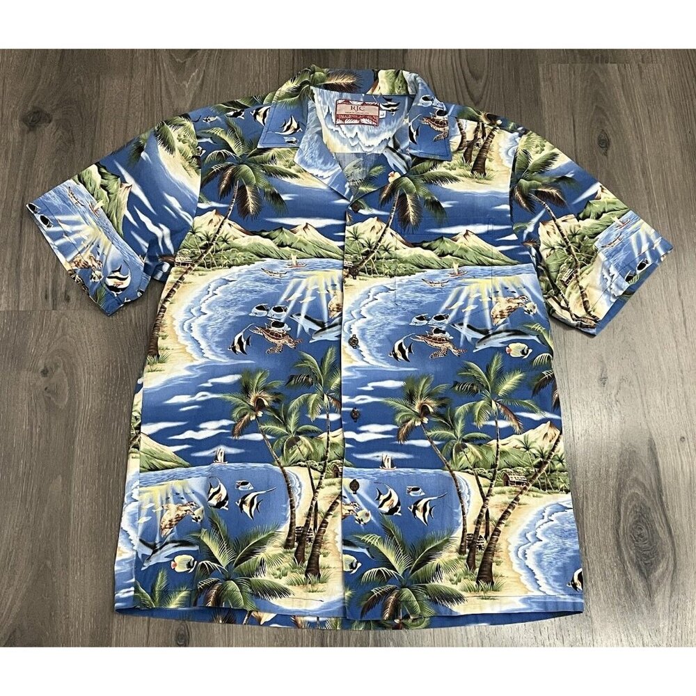 Vintage RJC Hawaiian Shirt Large Sea Turtle Dolphins Fishi Tropical Island